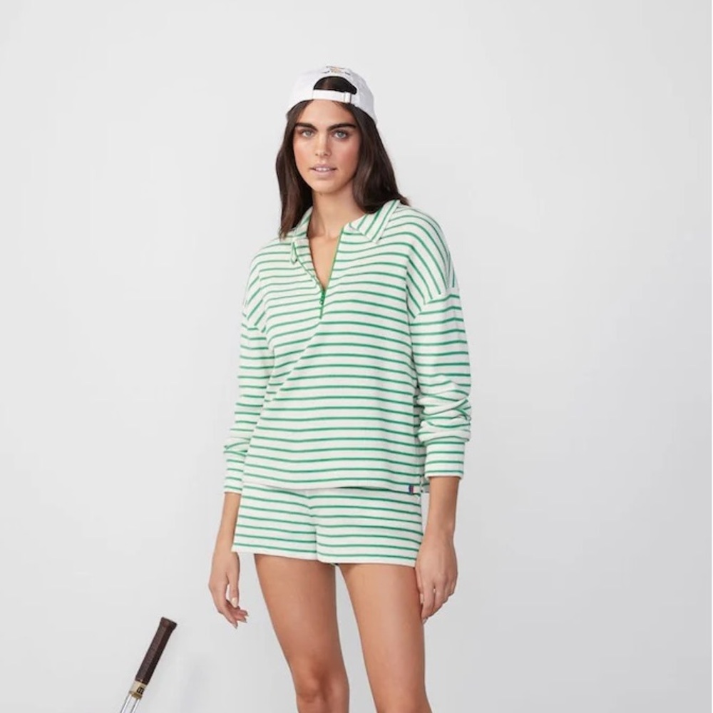 Kule Rosewell Green Cream Striped Waffle 1/2 Zip Pullover Sweater Top Size XXL